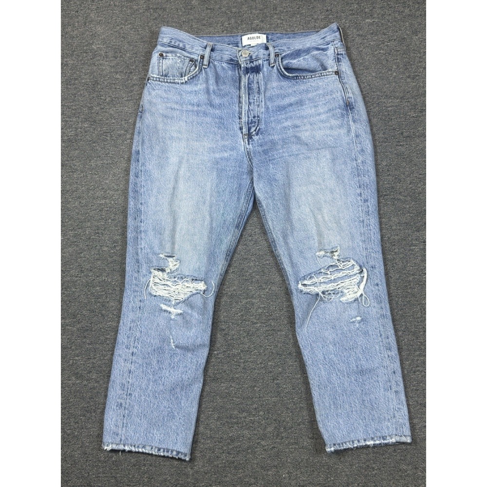Agolde Riley Jeans Size 28 Light Denim Distressed Cropped High Rise Button Fly